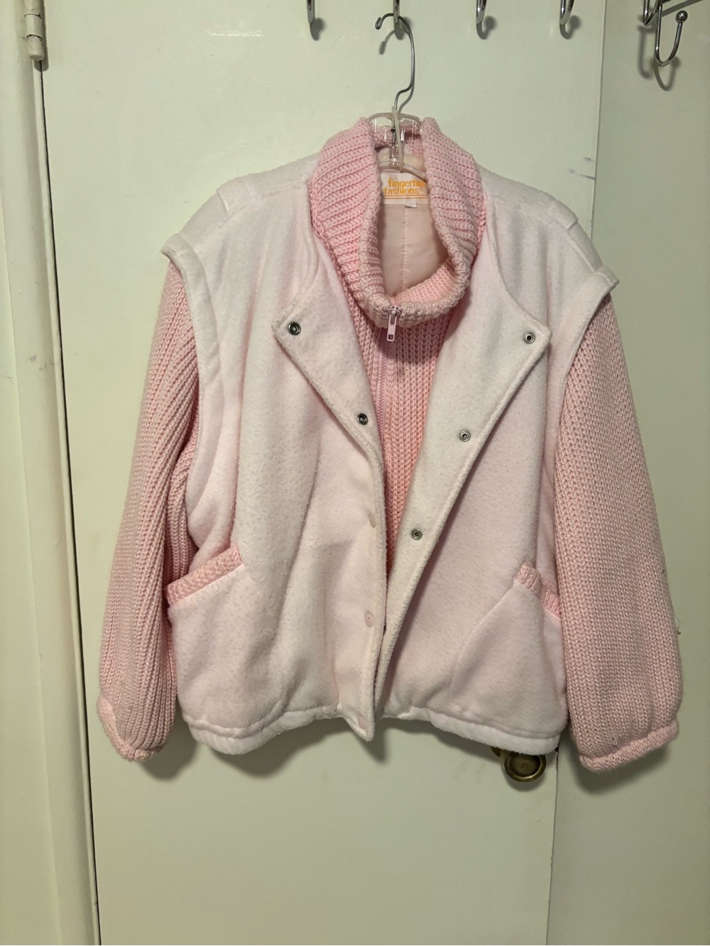 Vintage 80s Fingerhut Fashions Knit Sleeve Fleece Bomber Jacket Pink L